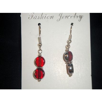 Delicate small silver plated round red glass hook earrings
