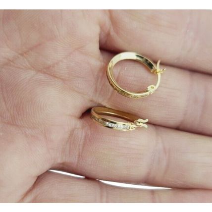 Channel-Sett CZ Stones 14 mm Round Hoop Earrings New Real 14K Yellow Gold