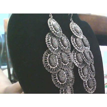Silver Tone FILIGREE Oval DANGLES Aprx 3” Hook Earrings