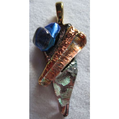 Blue/Rust Dichroic Fused Glass Dimensional Pendant, gold bail, id:g94