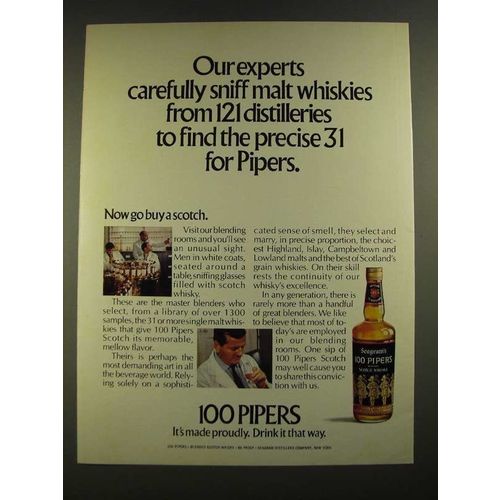 1971 Seagram's 100 Pipers Scotch Ad - Carefully Sniff Malt Whiskies