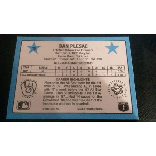 1988 Donruss All-Stars Card # 18 Dan Plesac Excellent (5) Milwaukee Brewers
