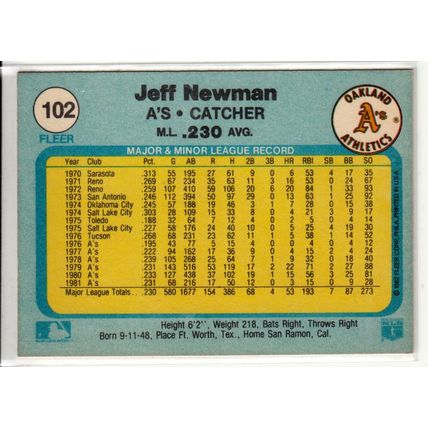 1982 Fleer baseball card 102 Jeff Newman- Athletics