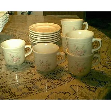 PFALTZGRAFF TEA ROSE TEAROSE PINK ROSES STONEWARE SET OF 6 CUPS & SAUCERS