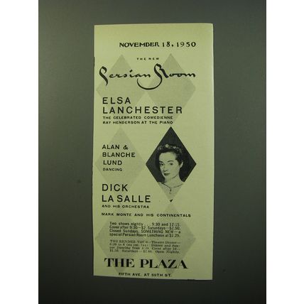1950 The Plaza Hotel Advertisement - Elsa Lanchester - Persian Room