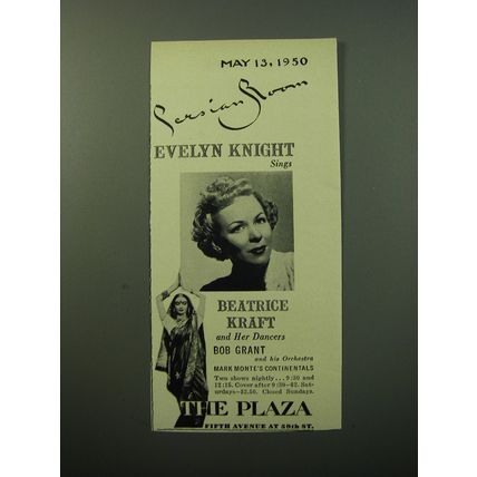 1950 The Plaza Hotel Ad - Evelyn Knight and Beatrice Kraft - Persian Room