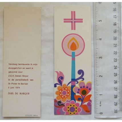 1974 bookmark in Dutch, St. Peter, Berlaar, Belgium - pink design