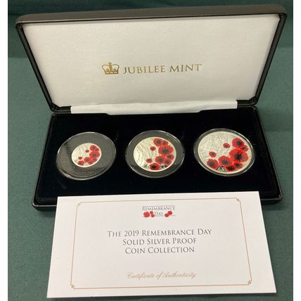 2019 - Alderney Remembrance Day Solid Silver Proof (£5, £2, £1) Coin Collection