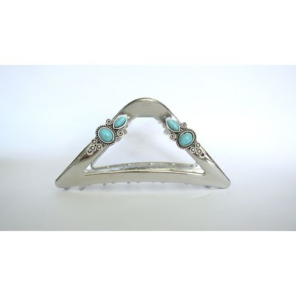Large shiny triangle silver turquoise blue design metal native tribal hair claw