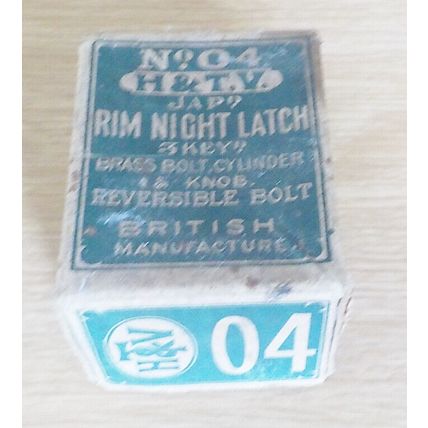 VINTAGE EMPTY CARDBOARD BOX, ADVERTISING PACKAGING. H & T.V. RIM NIGHT LATCH