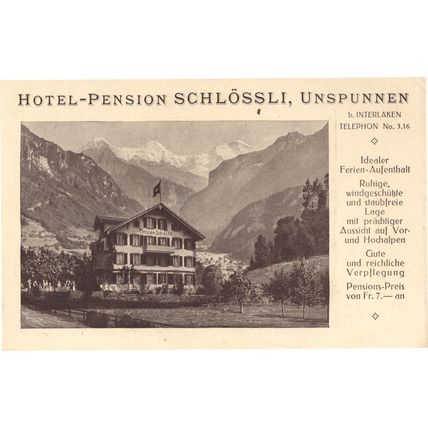 Hotel Pensions Schlossli Unspunnen Switzerland Old Advertising Postcard