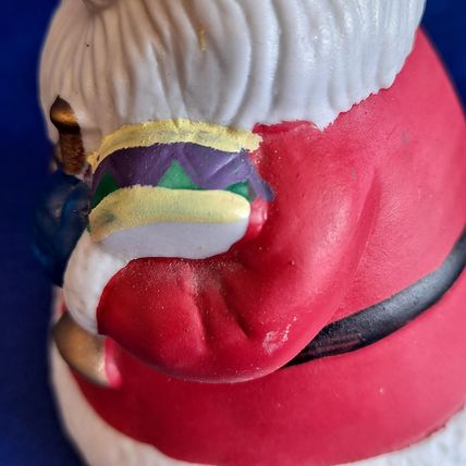 VintageChristmas SANTA CLAUS BELL Figurine Ceramic Gifts Wreat Holly Berry 6 1/8