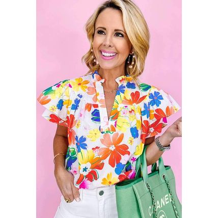 White Floral Bouquet Flutter Top