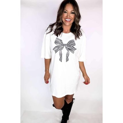 White Striped Bow Knot Half Sleeve Tunic T Shirt