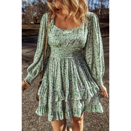 Green Floral Print Square Neck Shirred Waist Tiered Ruffled Mini Dress