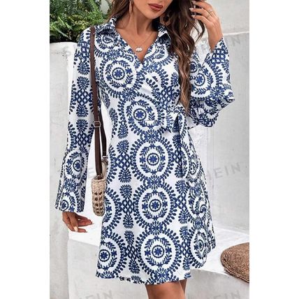 Blue Floral Print V Neck Wrapped Knot Long Sleeve Dress