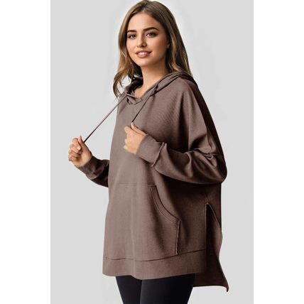 Coffee Waffle Knit Fleece Lined High Low Oversized Hoodie