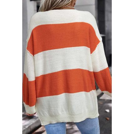 Orange Stripe Loose Color Block Drop Shoulder Bubble Sleeve Sweater
