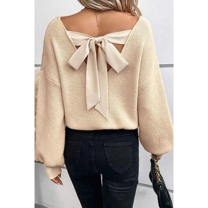 Apricot Lantern Sleeve V Neck Knot Back Sweater