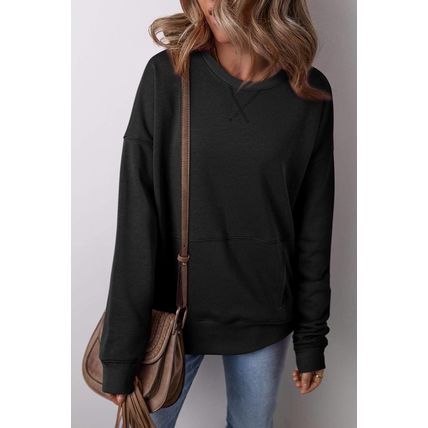 Black Drop Shoulder Crisscross Stitching Pocketed Loose Sweatshirt
