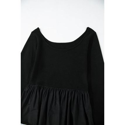 Black Ribbed Knit Long Sleeve Scoop Neck Peplum Patchwork Top