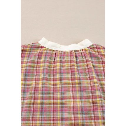 Pink Colorblock Plaid Patchwork Henley Blouse