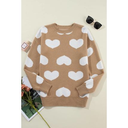 Khaki Contrast Heart Pattern Round Neck Sweater