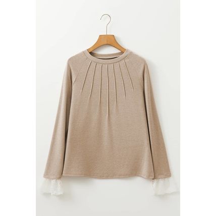 Parchment Seam Detail Lace Contrast Cuffs Raglan Sleeve Top