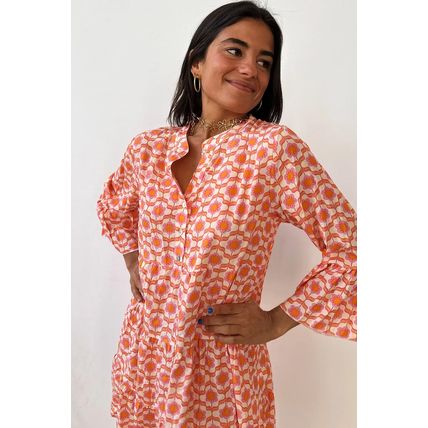 Orange Floral Print Flounce Sleeve Buttoned Front Mini Dress