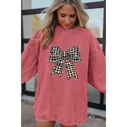 Strawberry Pink Checkered Bow Print Ribbed Crew Neck Pullover Sweatshirt