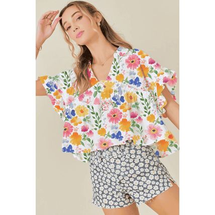 Yellow Floral Boxy Fit Ruffled Short Sleeve V Neck Blouse