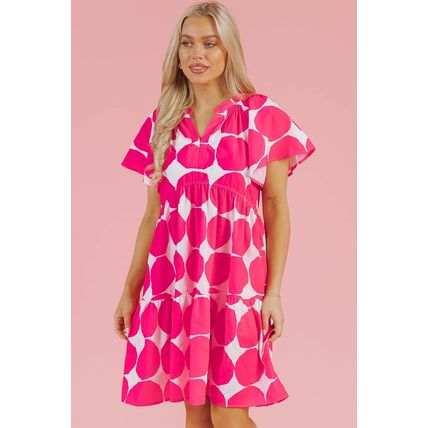Rose Polka Dot Flutter Sleeve Notched Neck Tiered Flowy Dress