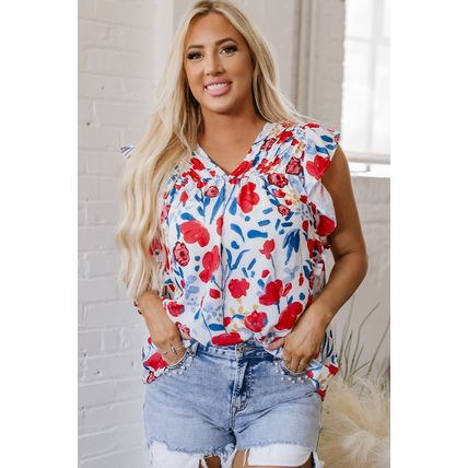 Red Flowers Pintuck Detail V-Neck Ruffled Sleeve Top