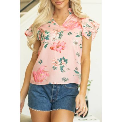 Pink Floral Print Frilled V Neck Pleated Sleeve Blouse