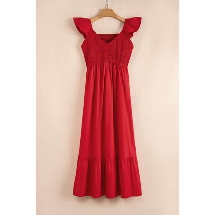 Fiery Red V Neck Flutter Sleeve Smocked Bodice High Waist Ruffle Maxi Dress