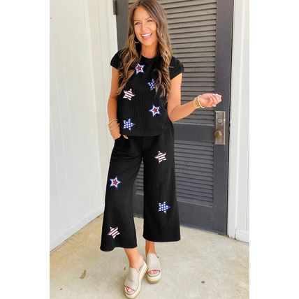 Color black Sequined Star Textured Cap Sleeve Tee and Cropped Wide Leg Pants Set