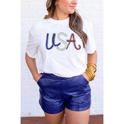 White Sequin USA Graphic Crew Neck Patriotic Tee