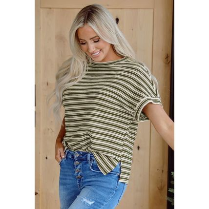 Green Stripe Textured Side Slits Crew Neck T Shirt