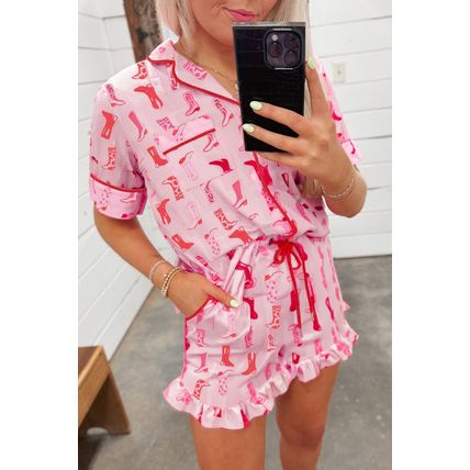Pink Western Cowgirl Boots Printed Shirt Ruffled Shorts Pajama Set