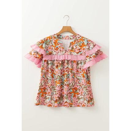 Multicolour Floral Tiered Ruffled Short Sleeve Blouse