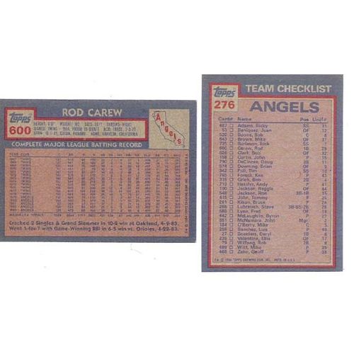 Two 1984 Topps Rod Carew baseball cards 276 600- HOF - NM – Angels