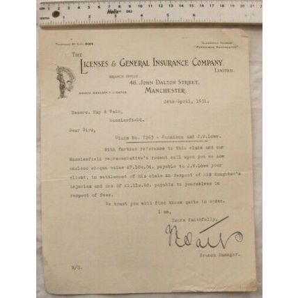 1931 letter Licenses & General Insurance, Manchester re Bennison & J. W. Lowe