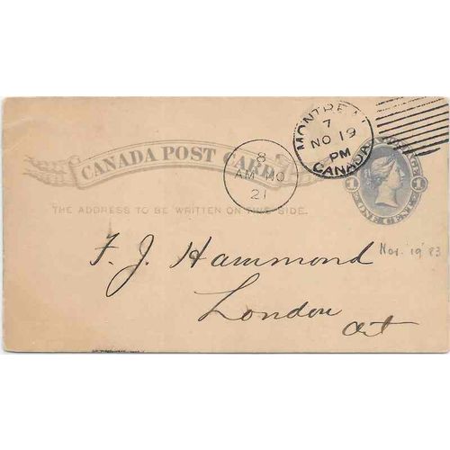 Canada ! #P5d Postal Card Used 1883, Montreal Quebec to London ONT