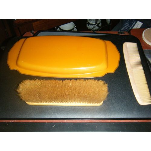 Vintage Art Deco Plastic Celluloid Vanity Tray & Hair or Clothing Brush & Comb