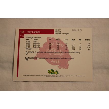 Tony Farmer 1991 Classic Four Sport NO. 198