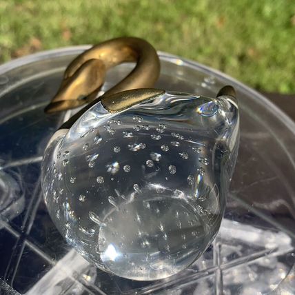 VTG Clear Glass Swan Figurine Paperweight Controlled Bubbles Brass Head Neck 4"