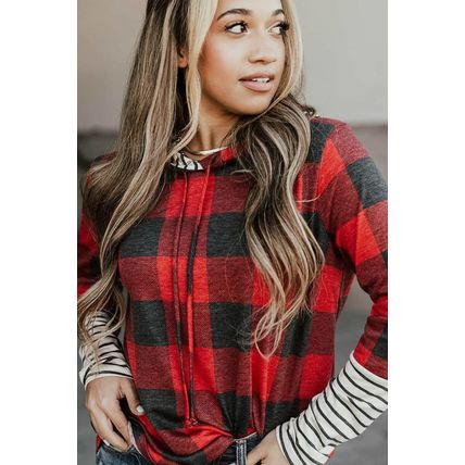 Red Christmas Plaid Striped Patchwork Drawstring Hoodie