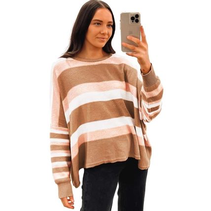 Multicolour Striped Knit Drop Shoulder Loose Sweater