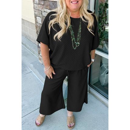 Black Textured Batwing Sleeve Tee Wide Leg Pants Plus Size Set
