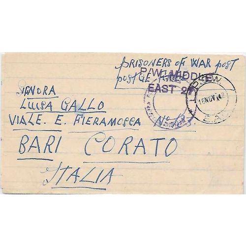 East Africa POW Mail Camp #357, Mitubiri to Italy 1942